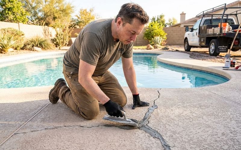 Pool deck crack being repaired